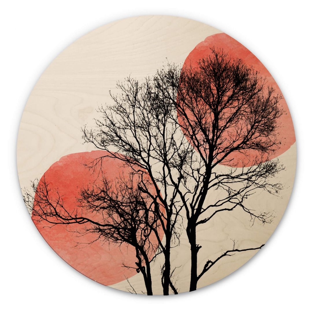 Holzbild Kubistika - Sonne und Mond hinter dem Baum - rund
