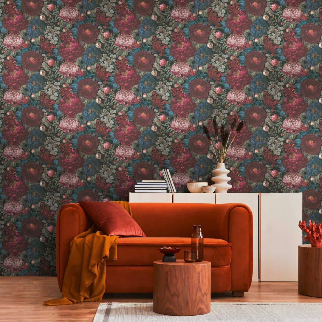 Florale Tapete mit Pfingstrosen Schwarz Bordeaux - Blumentapete